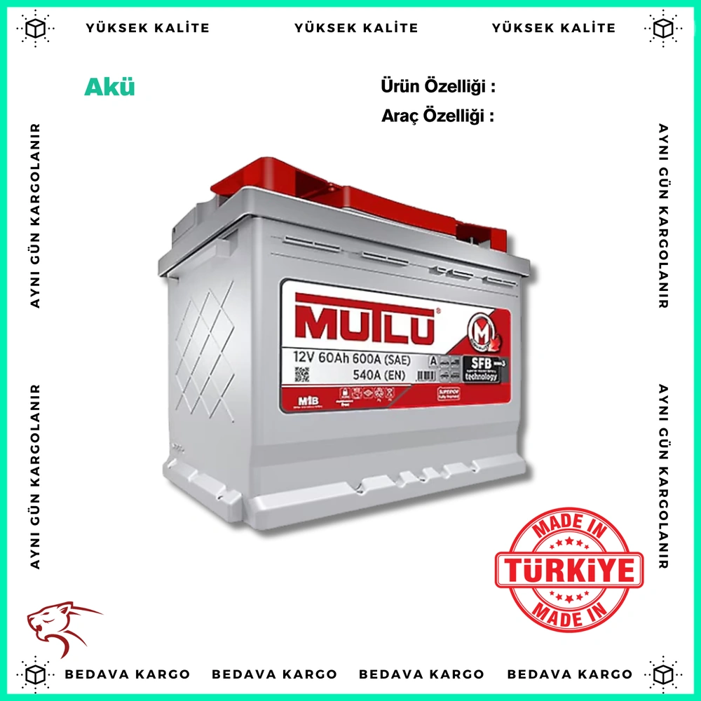 Aku 12v 60ah Mutlu - MUTLU 60AH - Yedek Parça