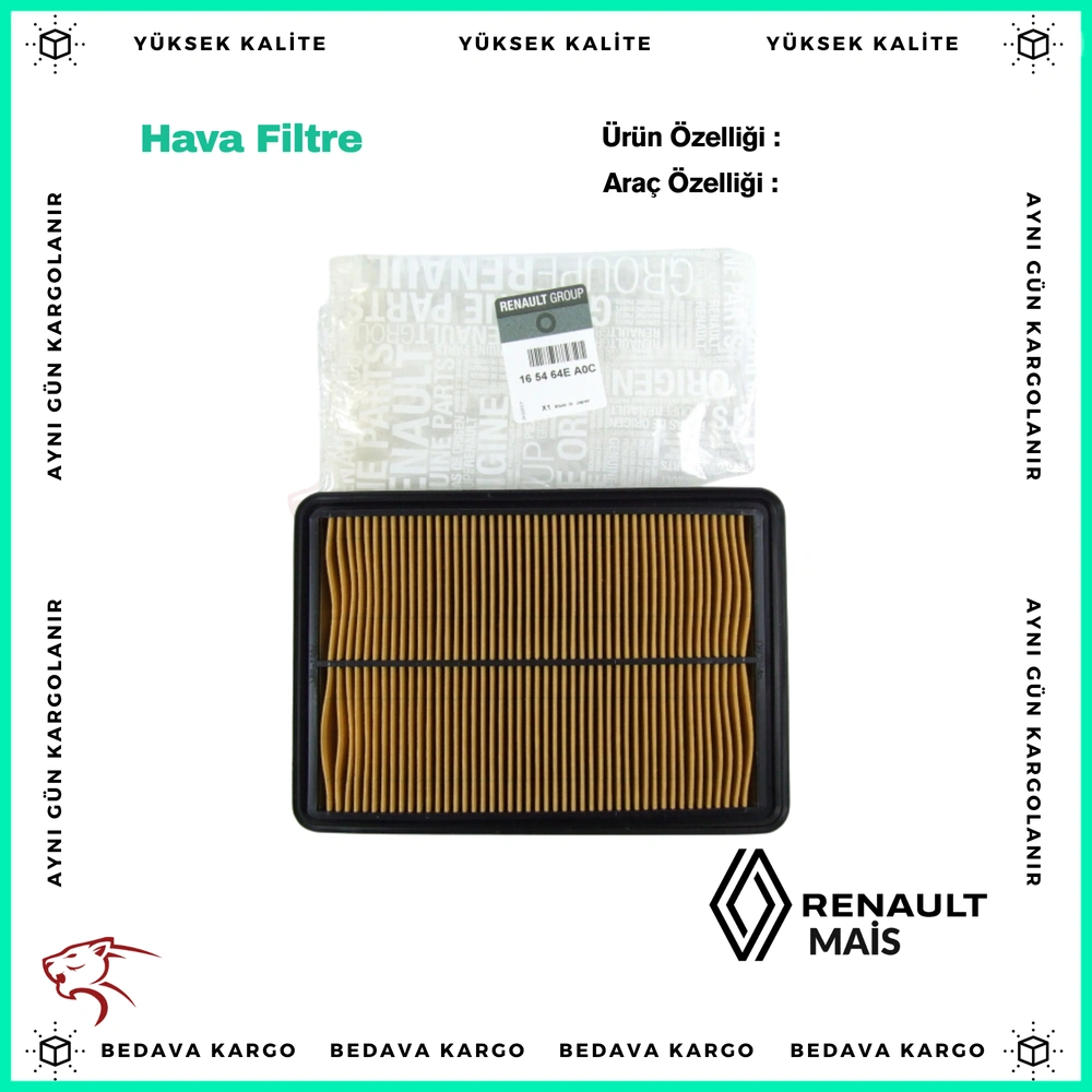 Hava Filtresi Renault Kadjar 15- - 165464BA1A - Yedek Parça