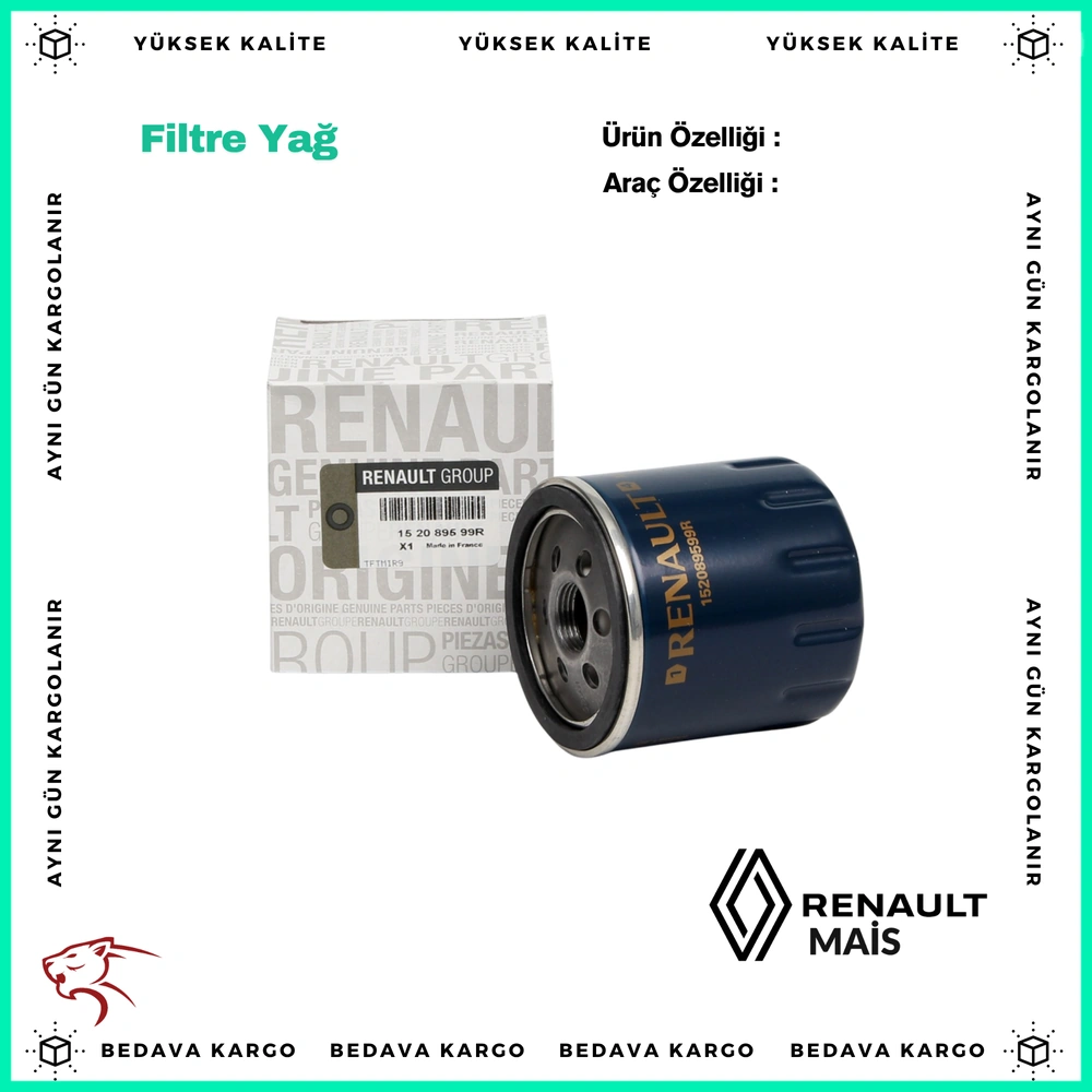 Yag Filtresi Renault Clio 4 Dacia Dokker Lodgy 1.5 - 152089599R - Yedek Parça